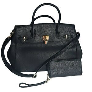 Two Tone Satchel Black Faux Leather Handbag with Decorative Lock